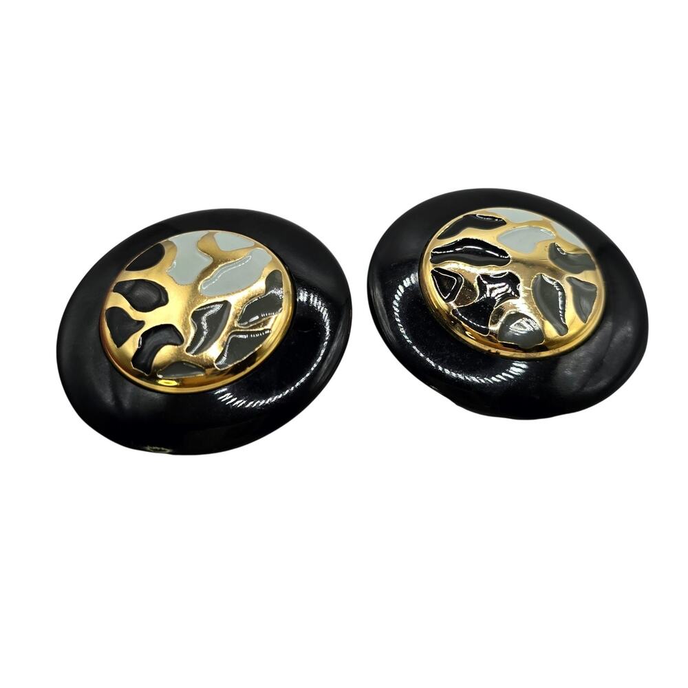Earrings Italy Clip On Round Black Enamel Gold Tone Abstract Statement SKU 2992